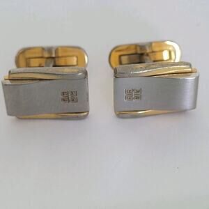 Givenchy Cufflinks Set Rectangle Gold Silver Tone Logo Vintage Designer Fair